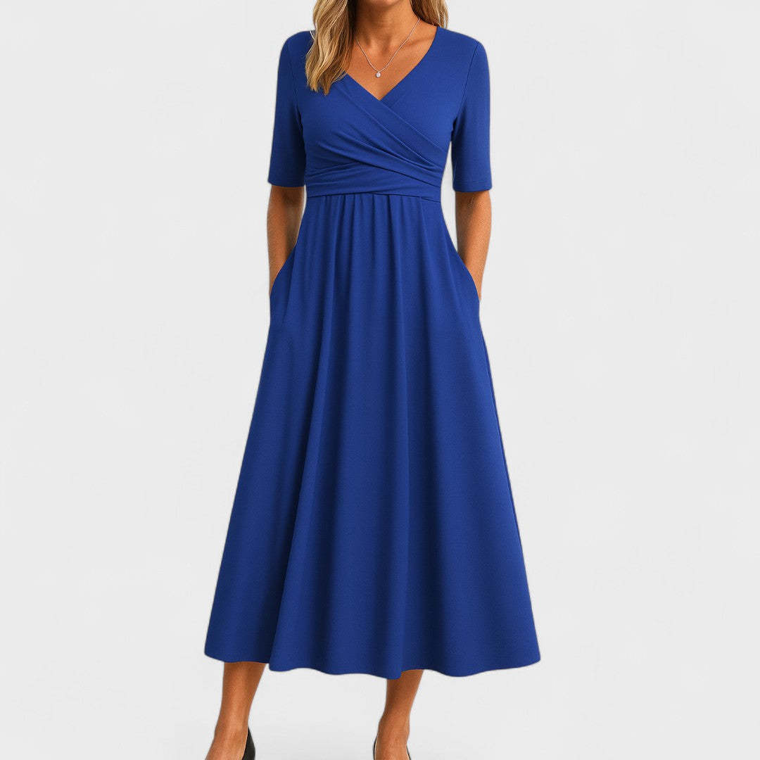 Royal blue wrap midi dress with half sleeves and full skirt