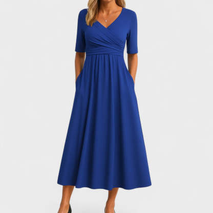 Royal blue wrap midi dress with half sleeves and full skirt