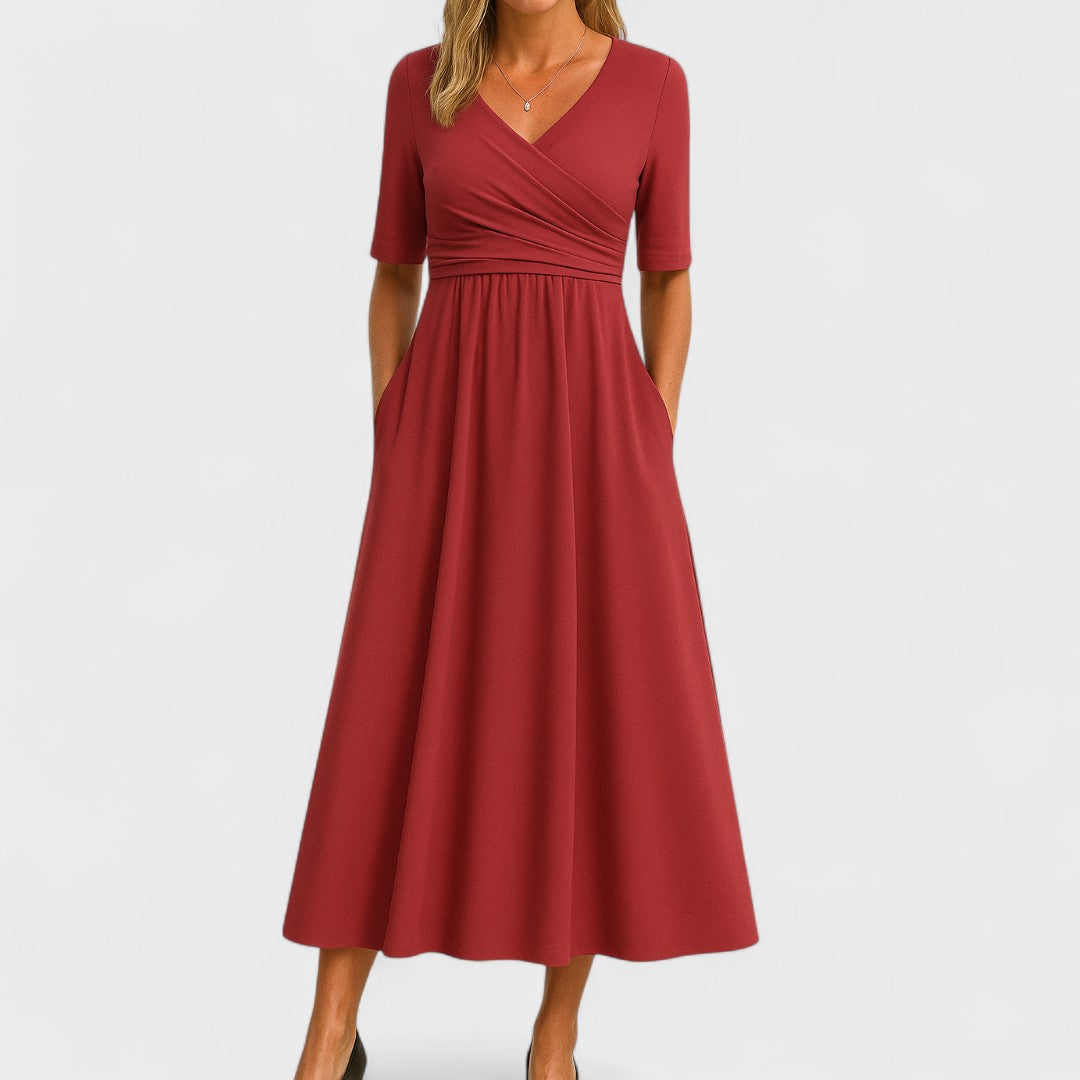 Burgundy wrap midi dress with elbow sleeves and gathered waist