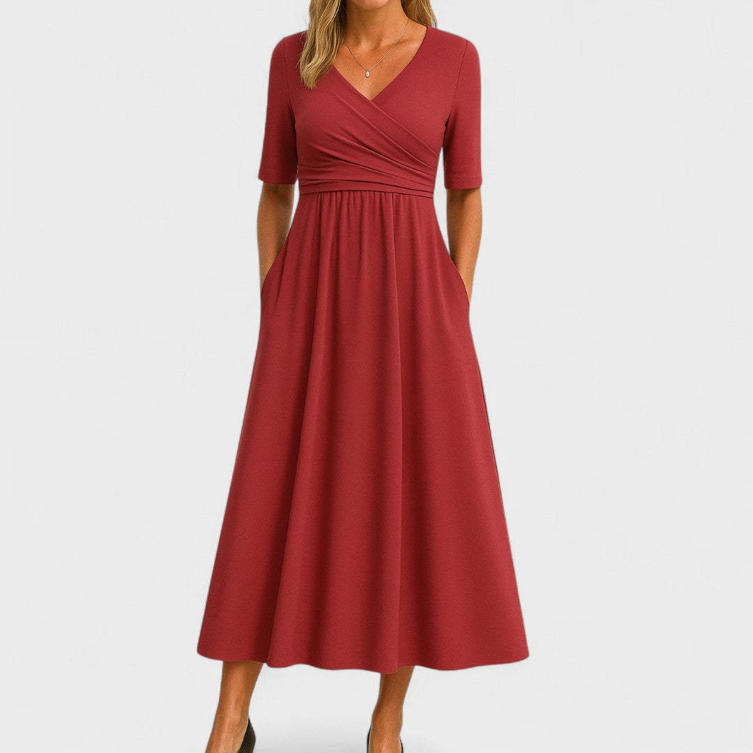 Burgundy wrap midi dress with elbow sleeves and gathered waist