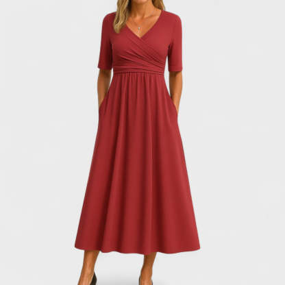 Burgundy wrap midi dress with elbow sleeves and gathered waist