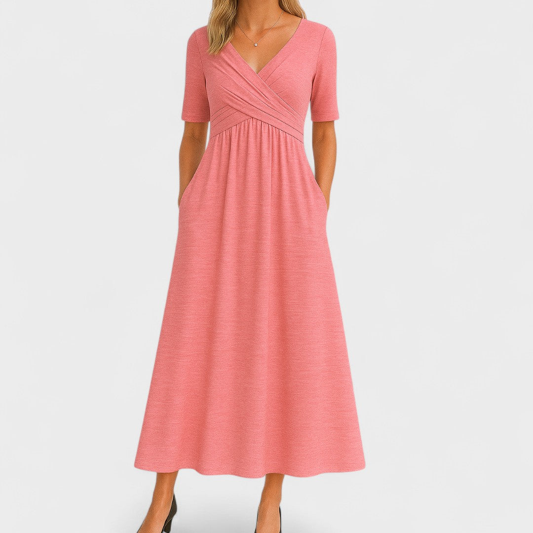 Coral pink wrap midi dress with half sleeves and side pockets