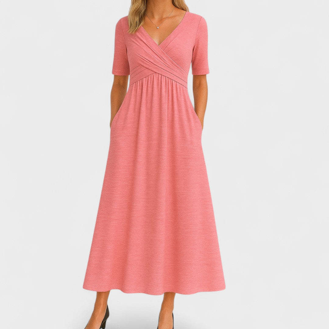 Coral pink wrap midi dress with half sleeves and side pockets