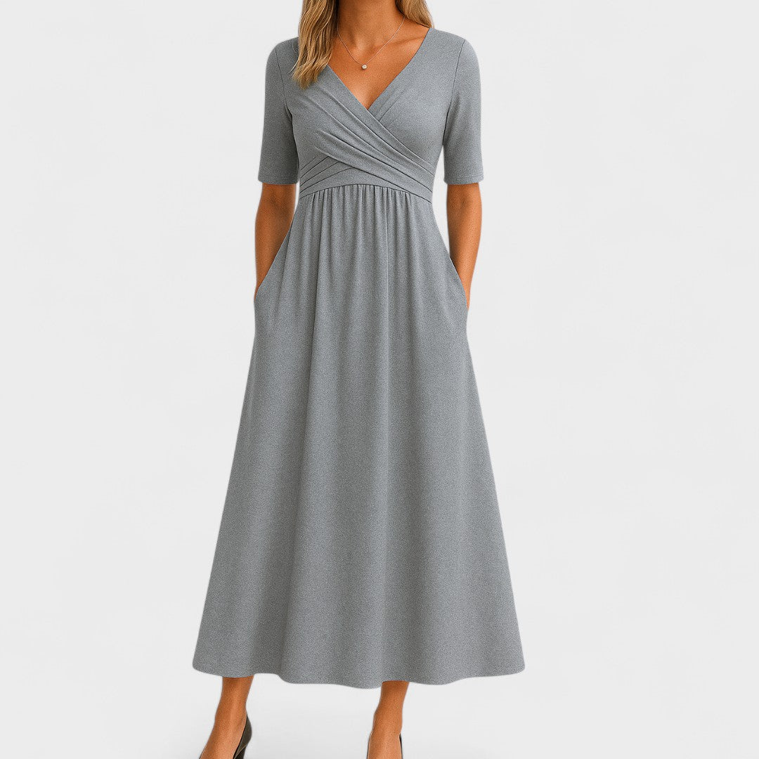 Gray wrap midi dress with half sleeves and gathered waist