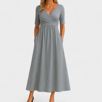 Gray wrap midi dress with half sleeves and gathered waist