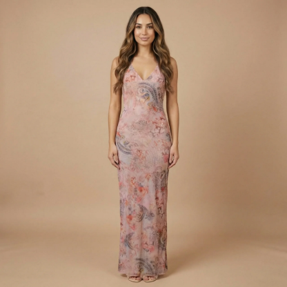 Pink butterfly floral maxi dress with V-neckline for women
