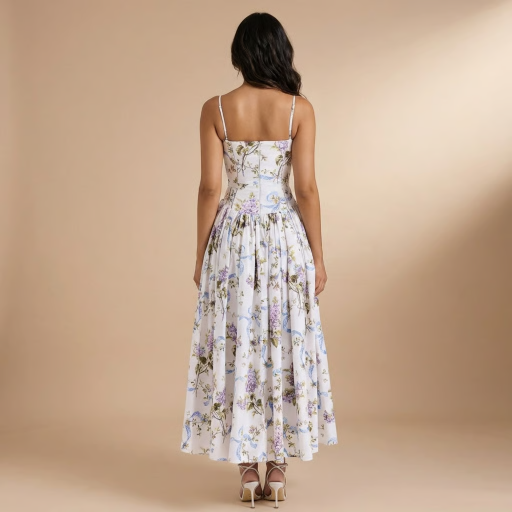 Back view of corset midi dress with thin straps and tiered floral skirt