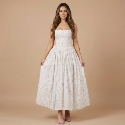 Strapless corset midi dress with small pink floral pattern on cream