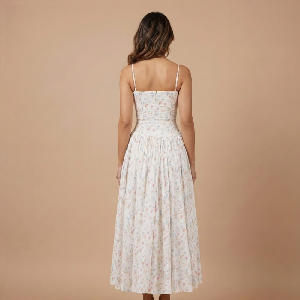 Back view of corset midi dress with spaghetti straps and gathered skirt