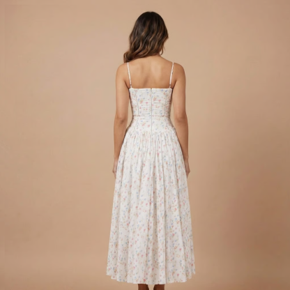 Back view of corset midi dress with spaghetti straps and gathered skirt