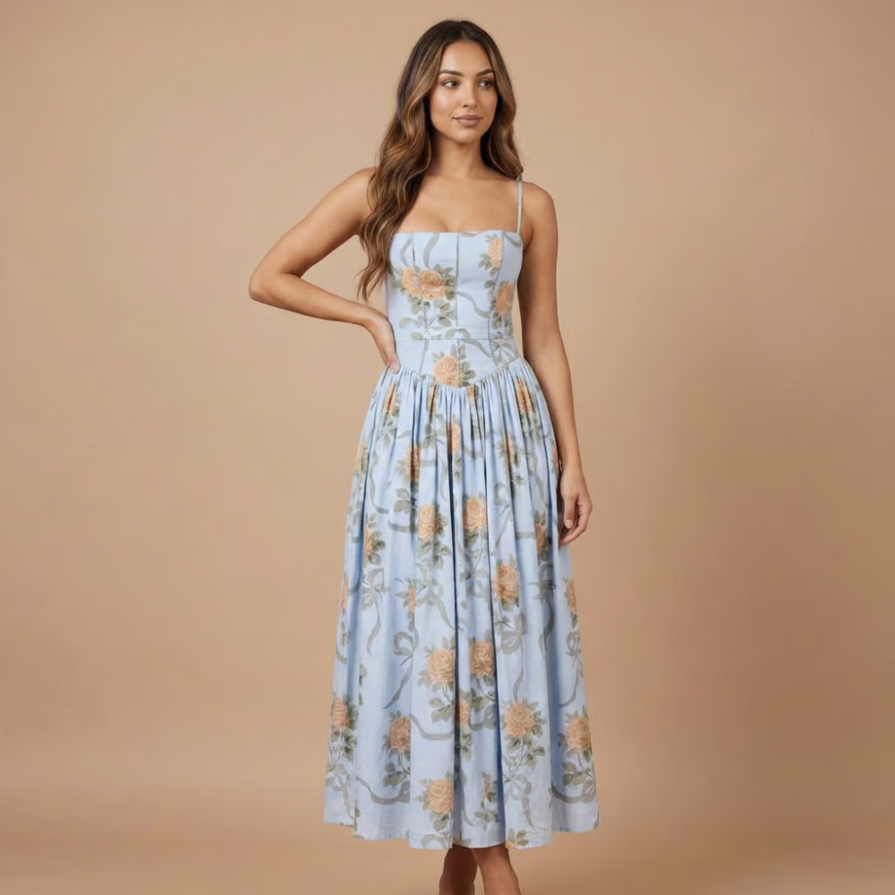 Spaghetti strap corset midi dress with yellow rose print on light blue