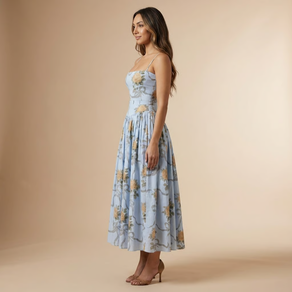 Side view of corset midi dress with yellow rose floral and pleated skirt