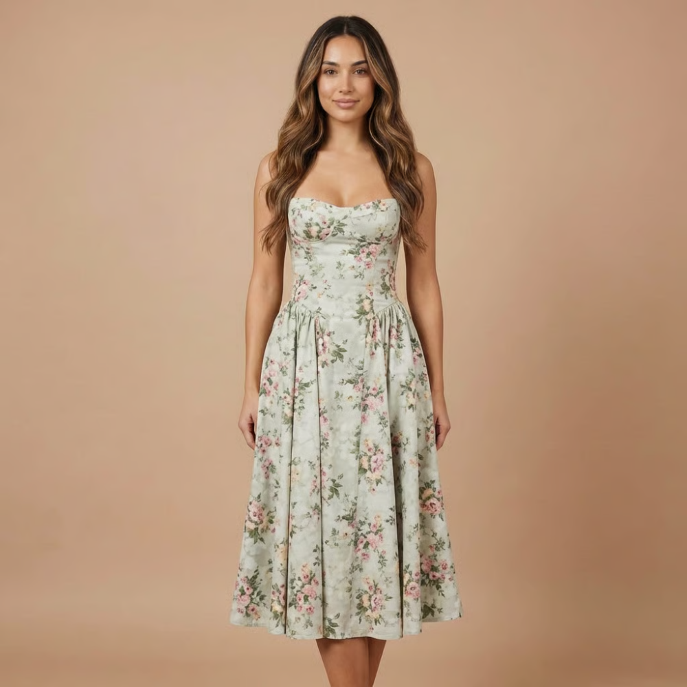 Sweetheart neckline corset midi dress with pink rose print on sage green