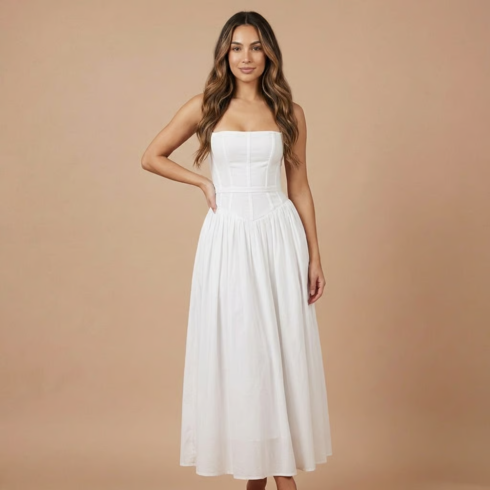 Strapless corset midi dress solid white with fitted bodice and full skirt