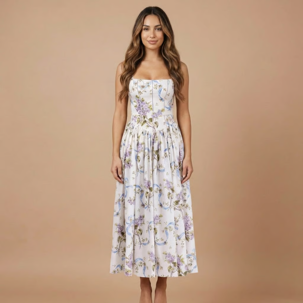 Strapless corset midi dress with purple and blue floral print on white