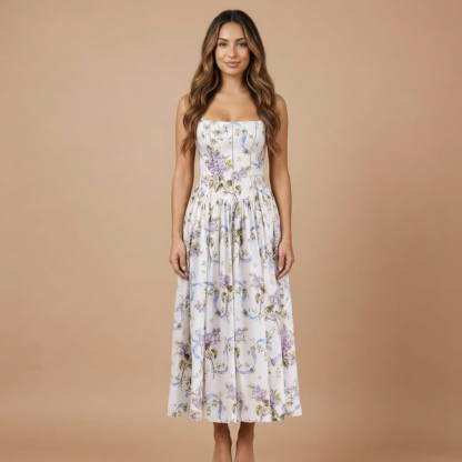 Strapless corset midi dress with purple and blue floral print on white