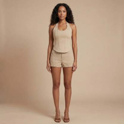 Cream-colored corset halter top and shorts matching set front view for women