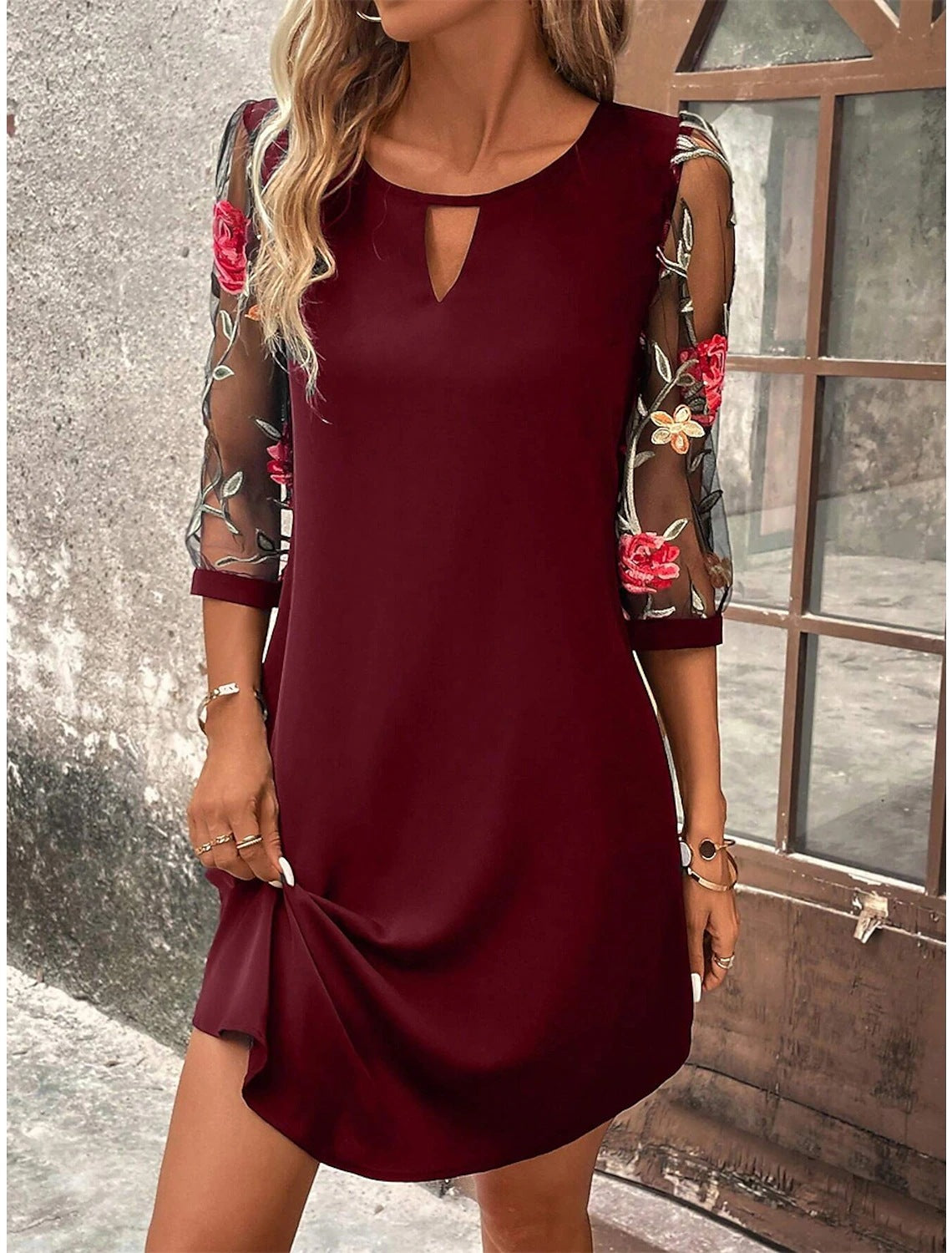Burgundy mini shift dress with keyhole neckline and floral embroidered mesh sleeves