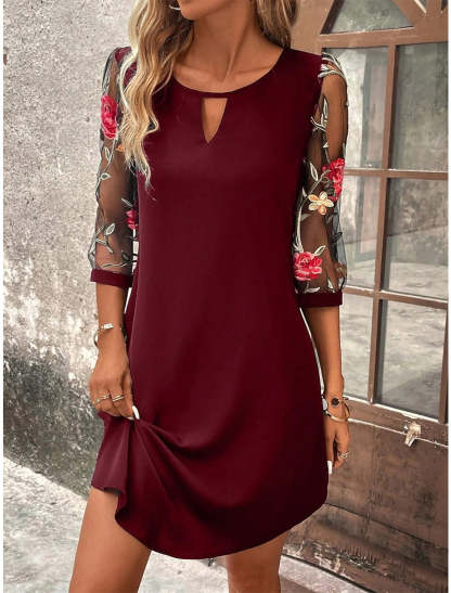 Burgundy mini shift dress with keyhole neckline and floral embroidered mesh sleeves