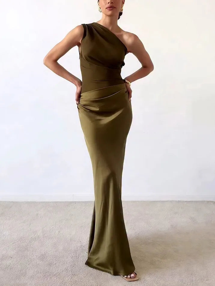 Olive green one-shoulder ruched maxi dress with draped waist