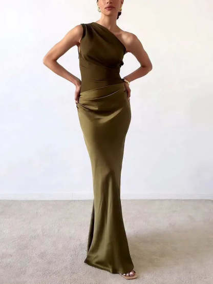 Olive green one-shoulder ruched maxi dress with draped waist