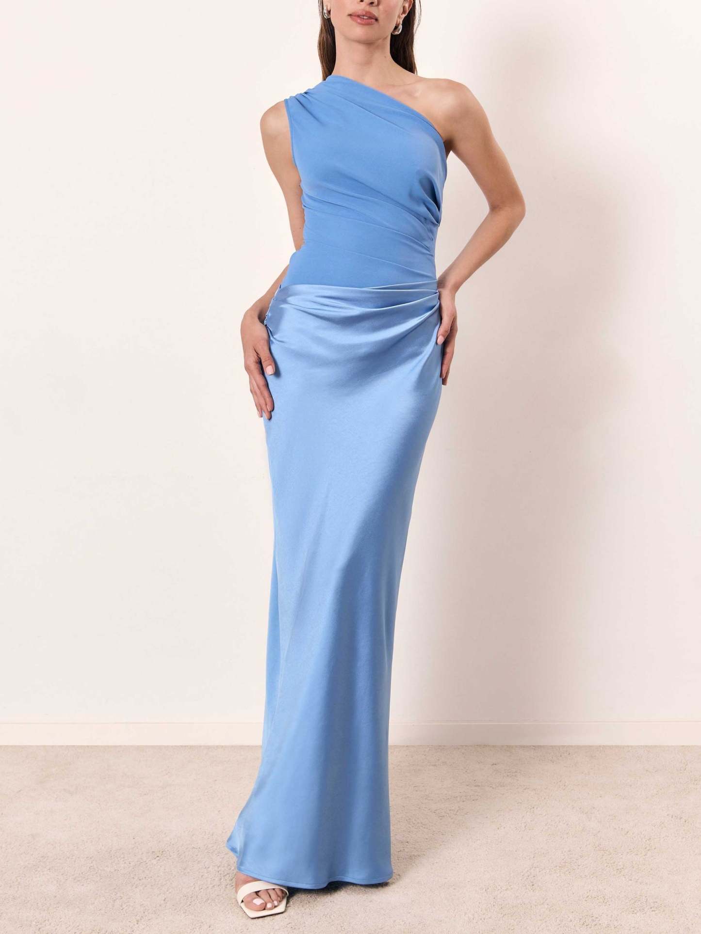 Periwinkle blue one-shoulder ruched maxi dress with satin ruching