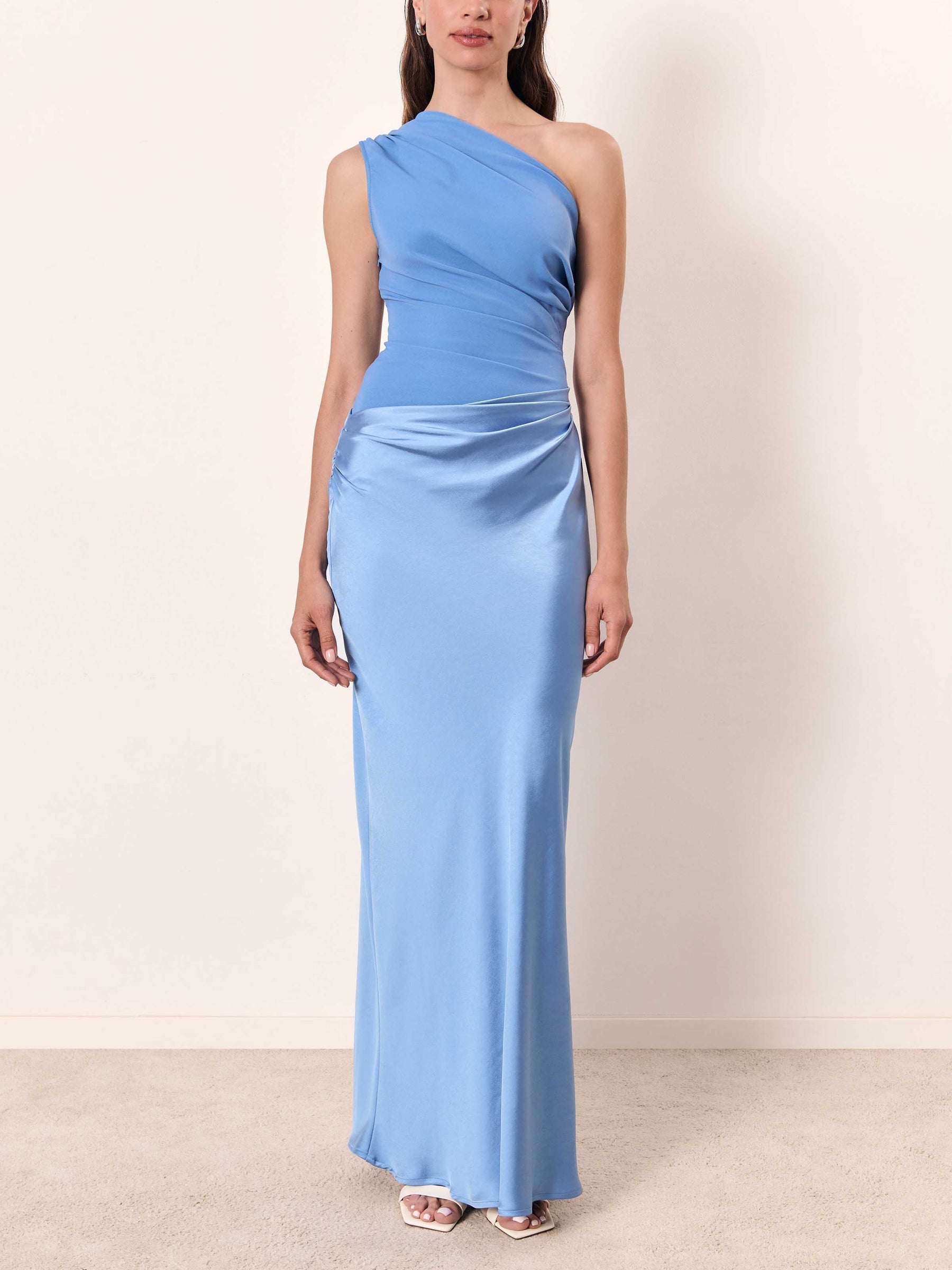Periwinkle blue one-shoulder ruched maxi dress full length side view
