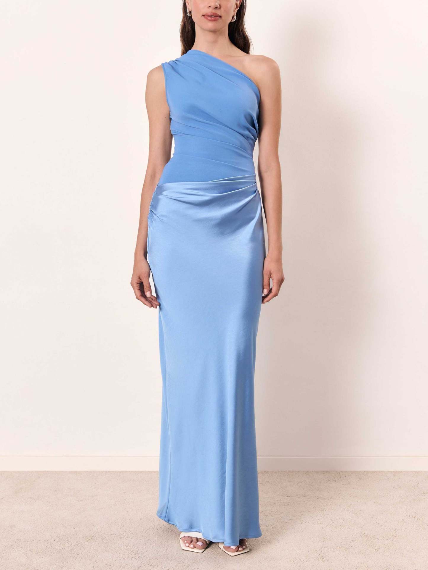 Periwinkle blue one-shoulder ruched maxi dress full length side view