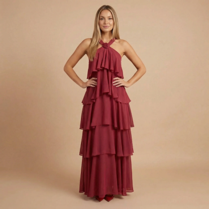 Burgundy halter ruffle maxi dress with cascading tiered layers