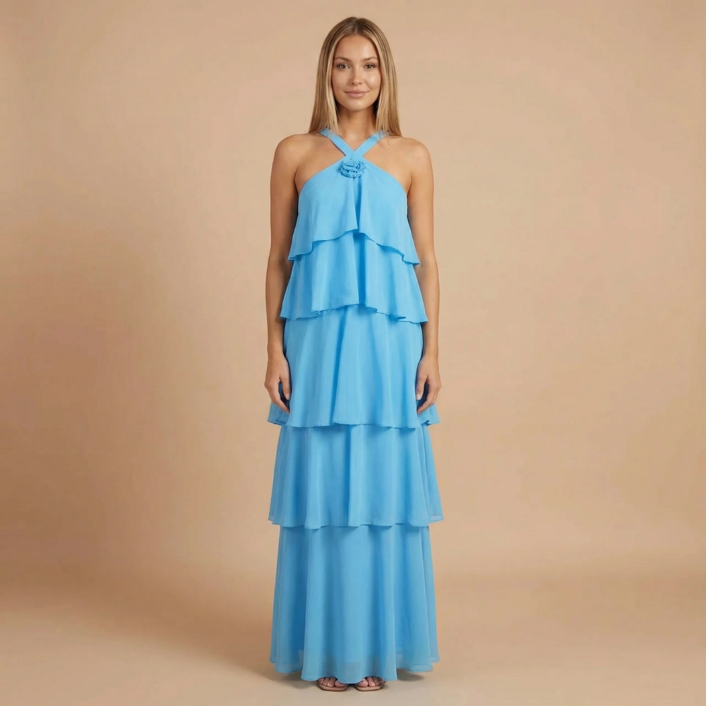 Blue halter ruffle maxi dress with stacked layered tiers
