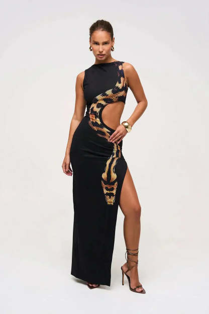 Black bodycon maxi dress with gold snake print and asymmetrical cutouts for women