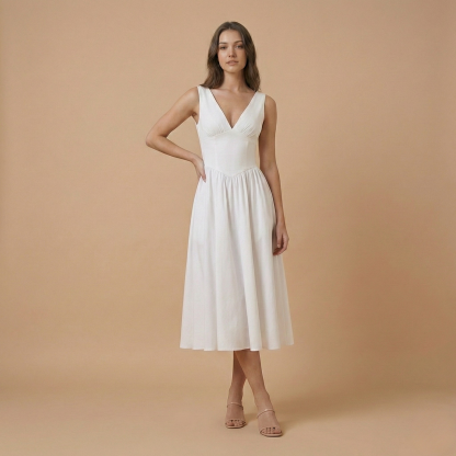 Cream white A-line midi dress with deep V-neckline and flowing skirt