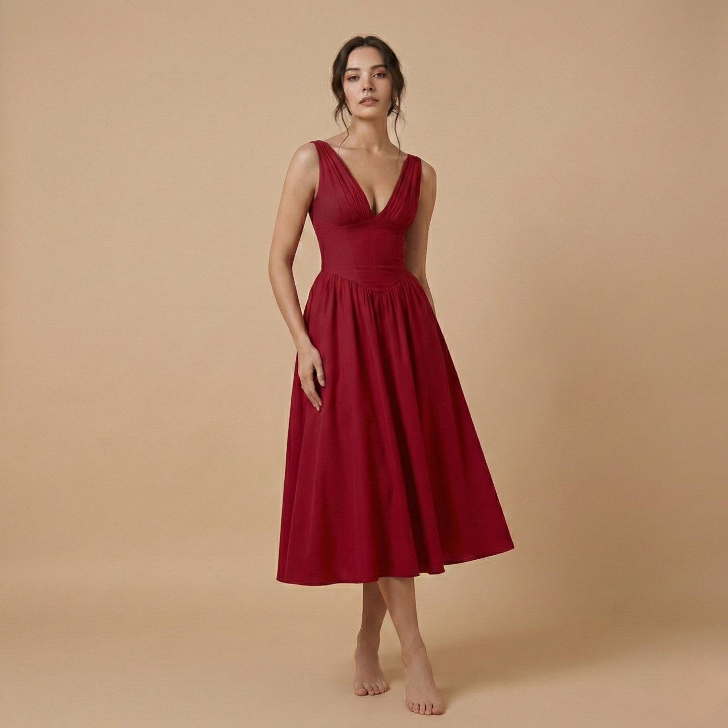 Burgundy wine red sleeveless midi dress with V-neck and A-line silhouette