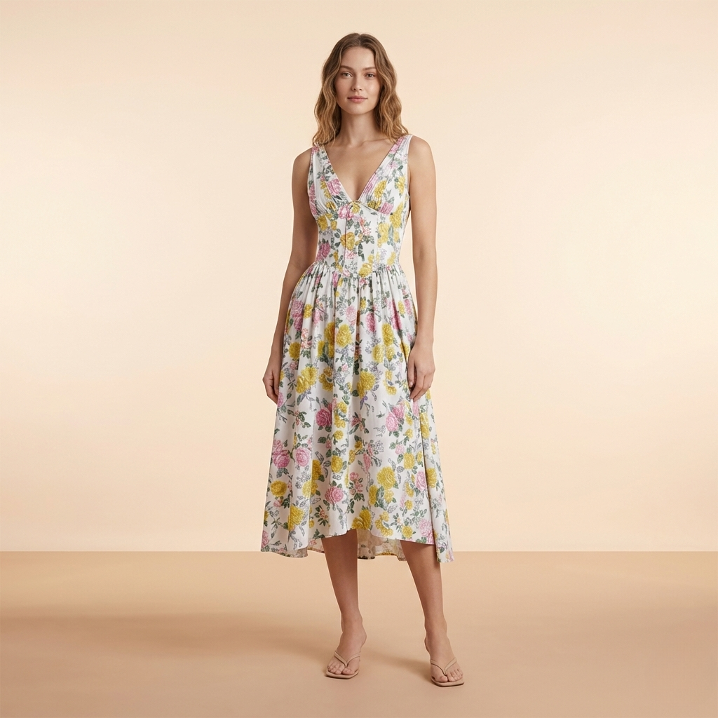 Floral print V-neck midi dress with yellow pink flowers and fitted waist