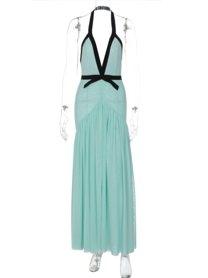 Full-length mint backless maxi dress on dress form front view