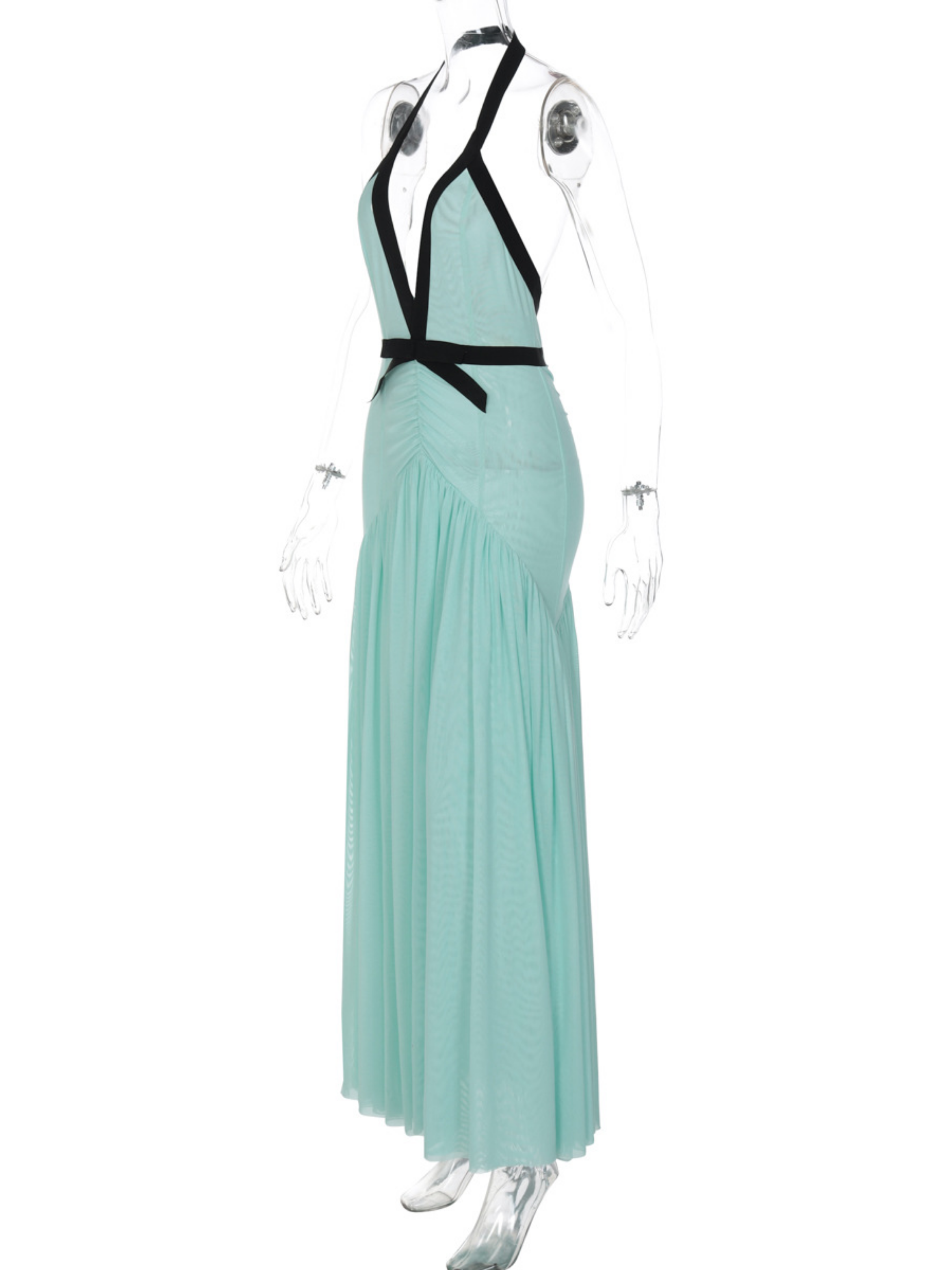 Full-length mint backless maxi dress on form showing back cutout