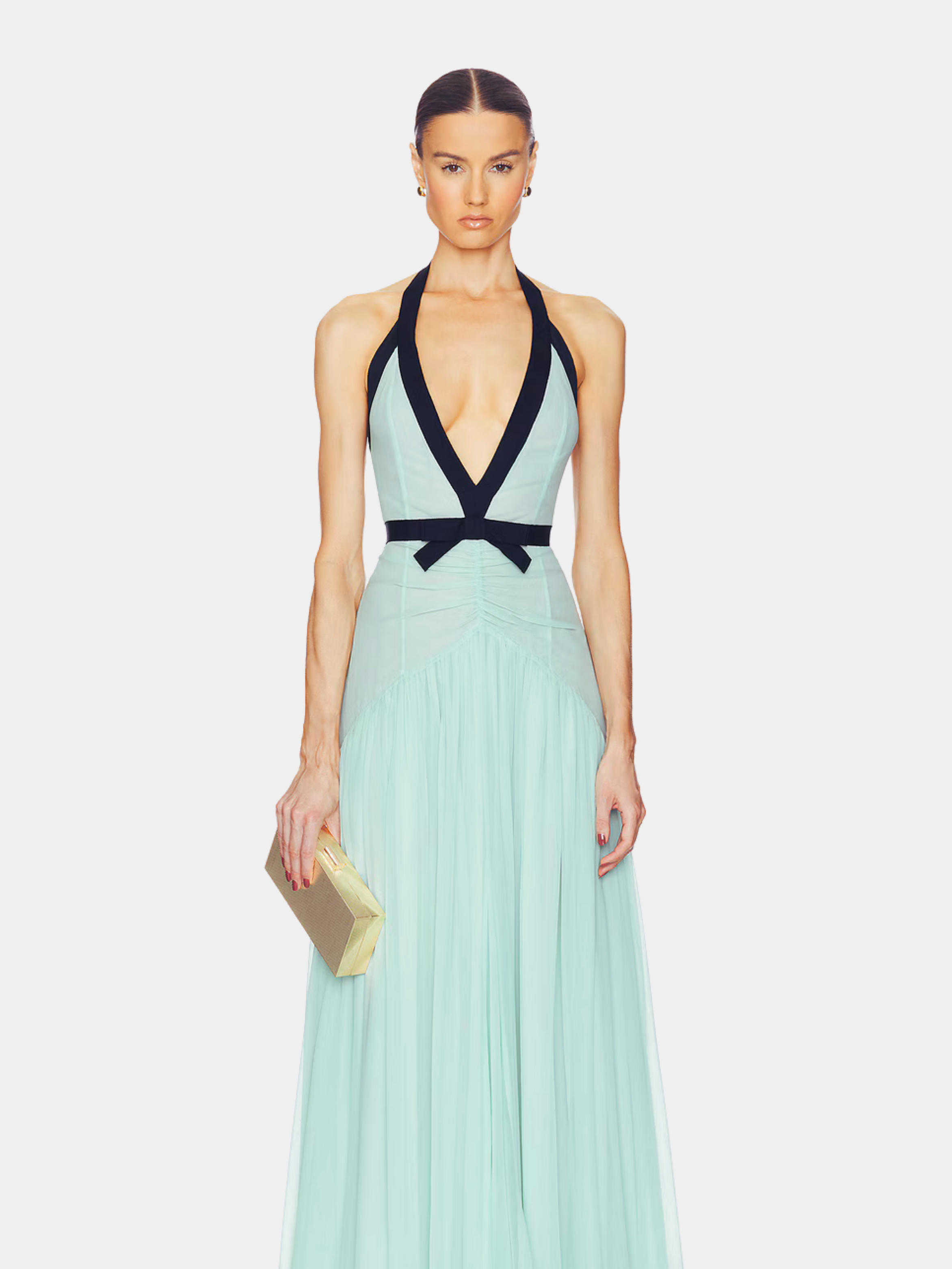 Mint green halter maxi dress with deep V-neckline and black trim