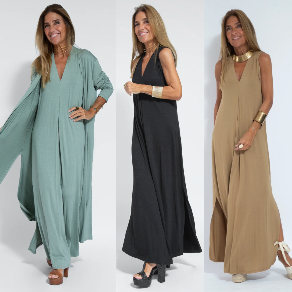 Sage green draped maxi dress with long sleeves and flowing silhouette