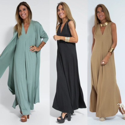 Sage green draped maxi dress with long sleeves and flowing silhouette