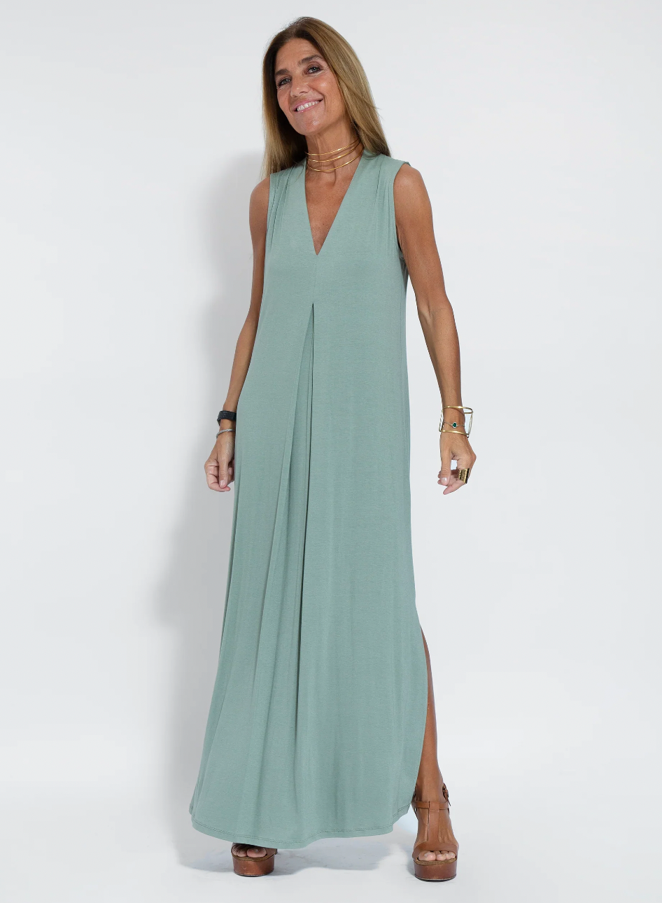 Sage green sleeveless draped maxi dress full length view