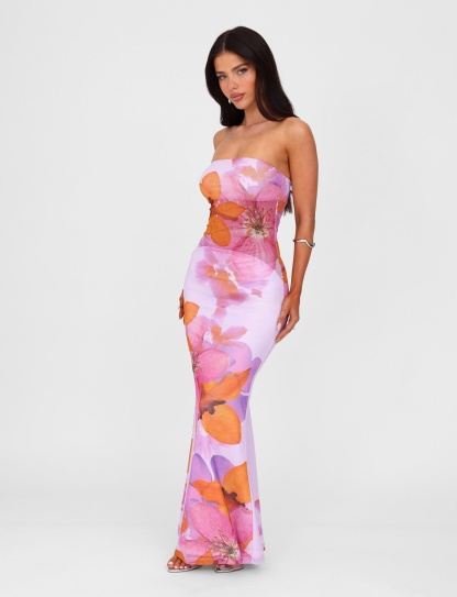 Strapless maxi dress in pink with orange and purple floral print