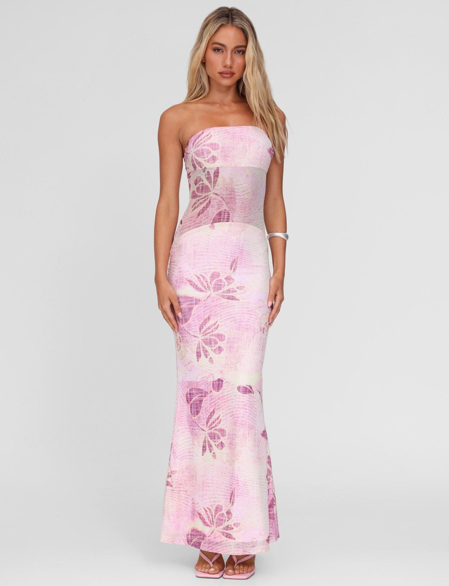 Pink floral maxi dress with strapless neckline and textured knit fabric