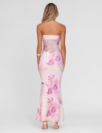 Back view of pink floral maxi dress showing strapless design
