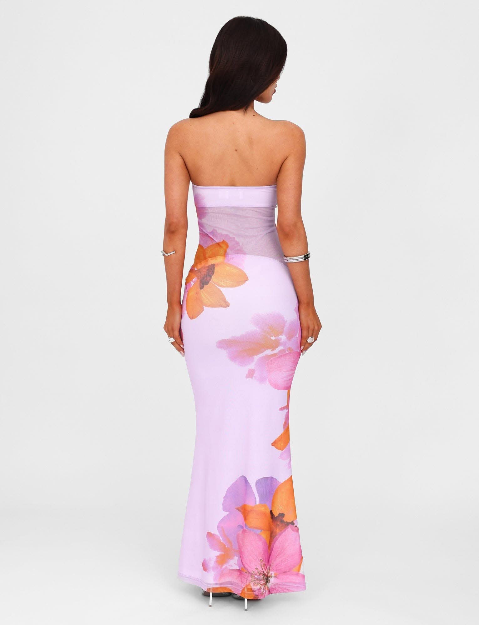 Lavender maxi dress with orange and pink floral print, strapless neckline