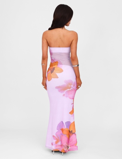 Lavender maxi dress with orange and pink floral print, strapless neckline