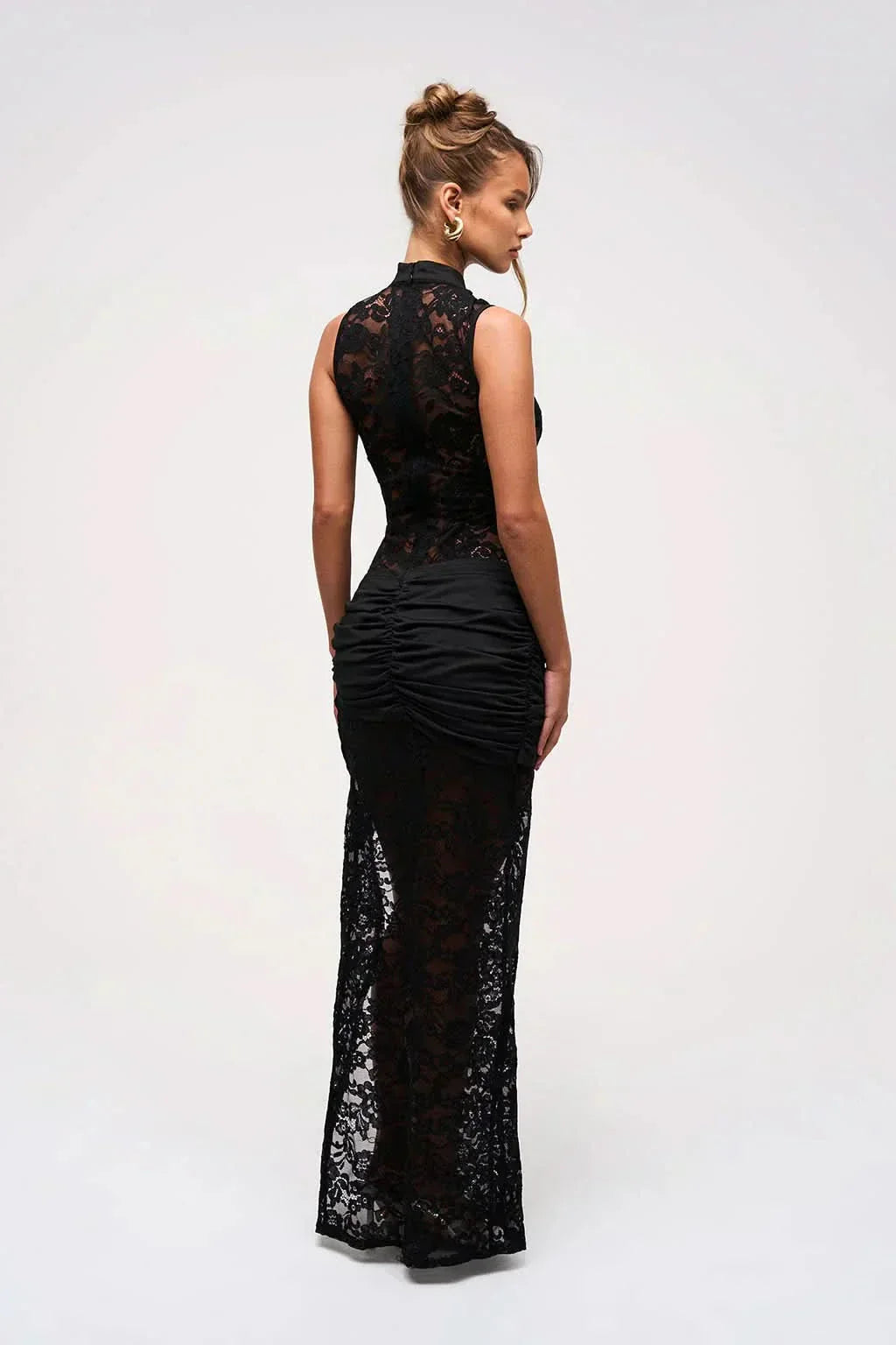 Back view black lace maxi dress with ruched waist and high slit