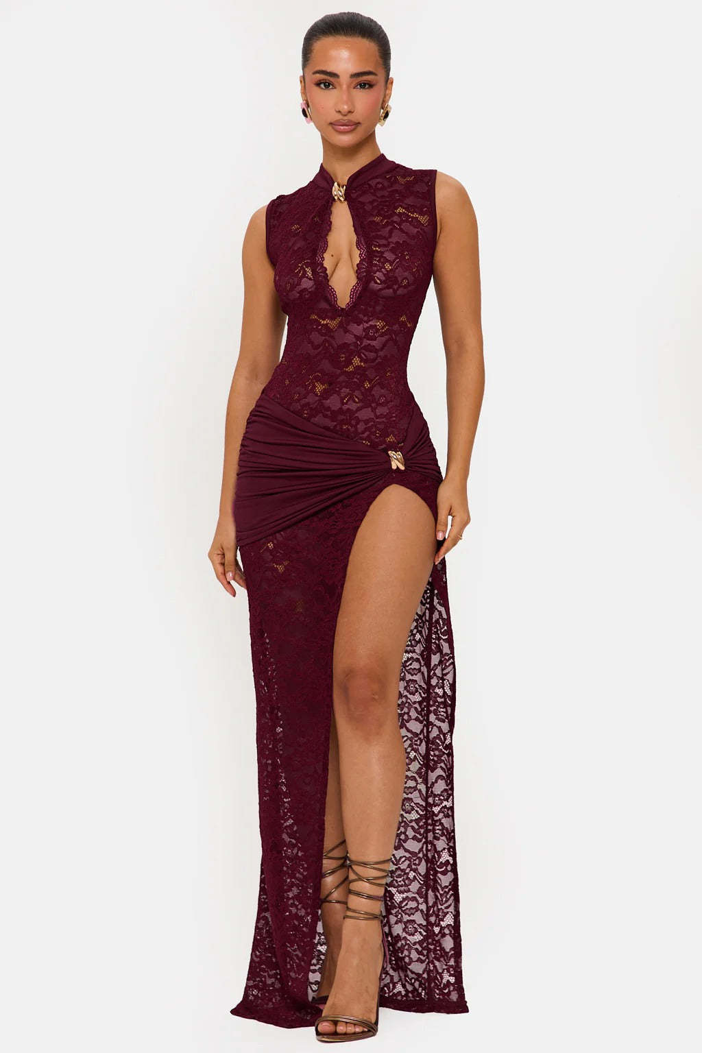 Burgundy lace keyhole maxi dress with sleeveless silhouette