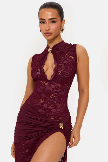 Burgundy lace maxi dress close-up showing keyhole neckline detail