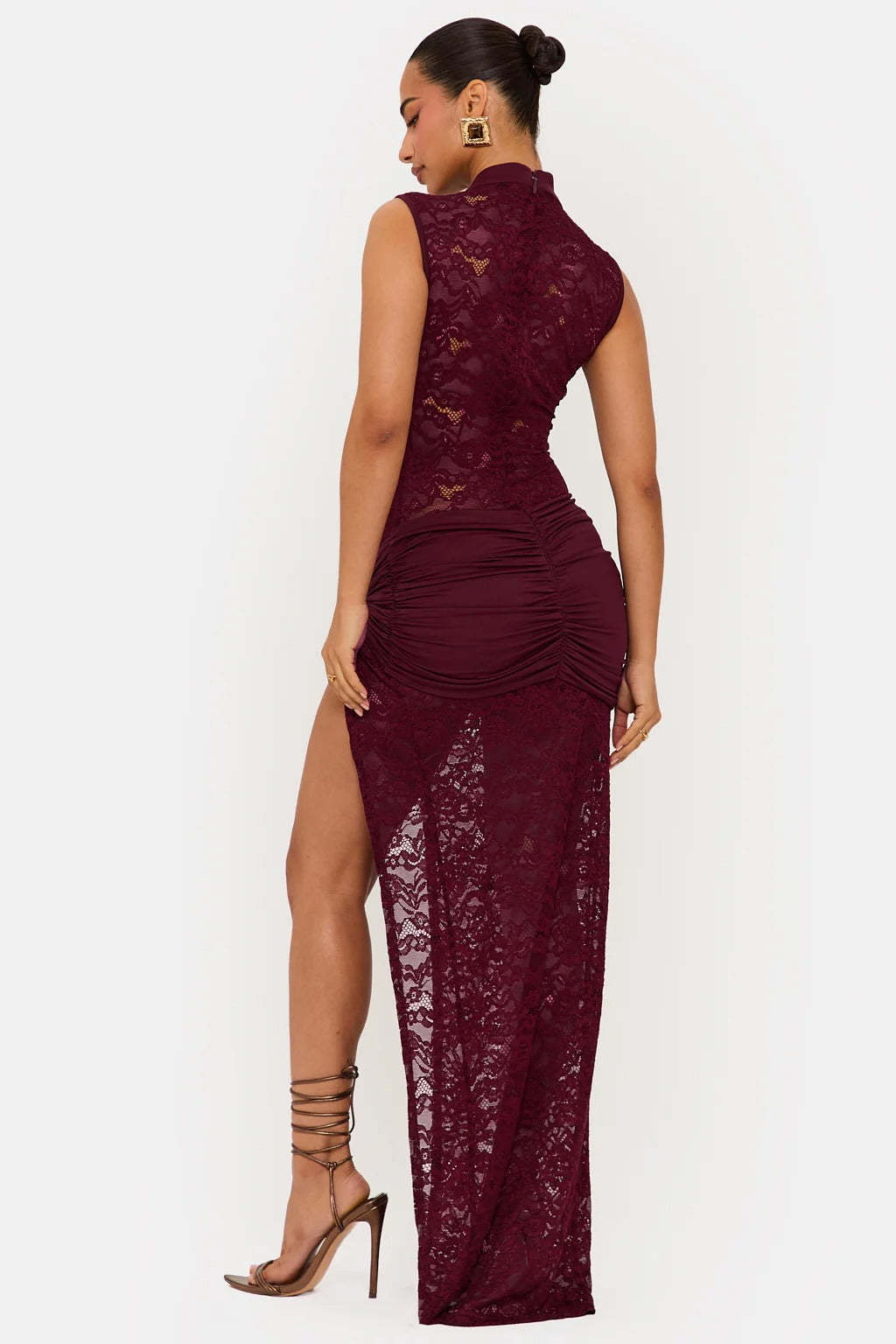 Back view burgundy lace maxi dress with ruched waist and slit