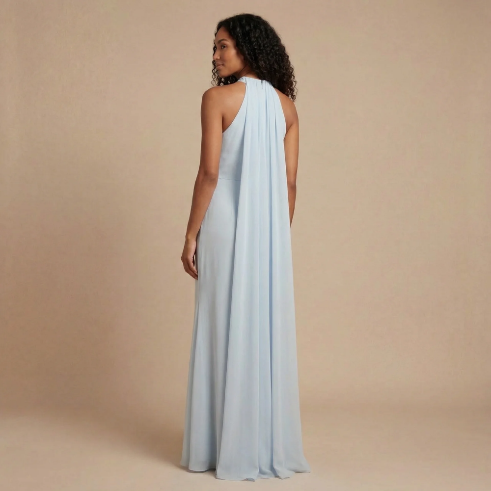 Back view of blue halter maxi dress with cape-style draping for women